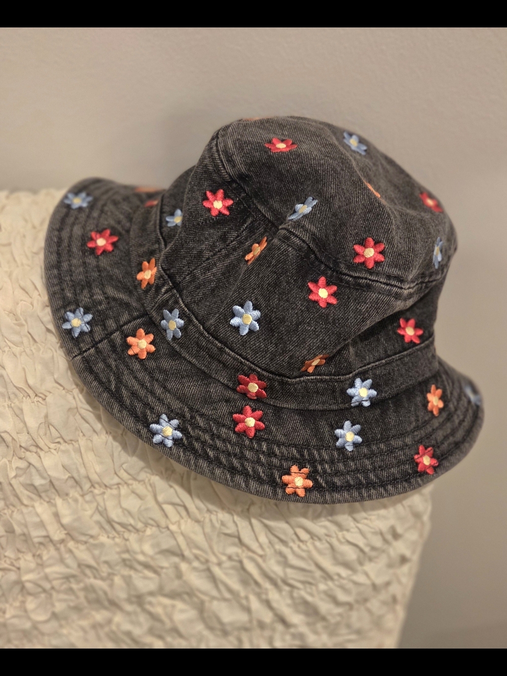 American Eagle Outfitters Washed Black Denim Floral Embroidered Bucket Hat